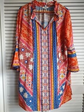 Umgee Multicolor Boho Peasant Mini Dress Bell Sleeves Size Large